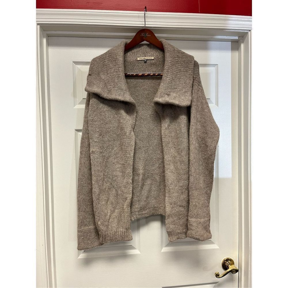 Simply Natural Tan 100% Baby Alpaca Open Front Shawl Collar Cardigan Sweater sz